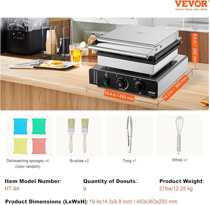 VEVOR Electric Donut Maker, 2000W Commercial Doughnut Machine with Non-stick Surface, 9 Holes Double-Sided Heating Waffle Machine Makes 9 Doughnuts, Temperature 122-572℉, for Restaurant and Home Use