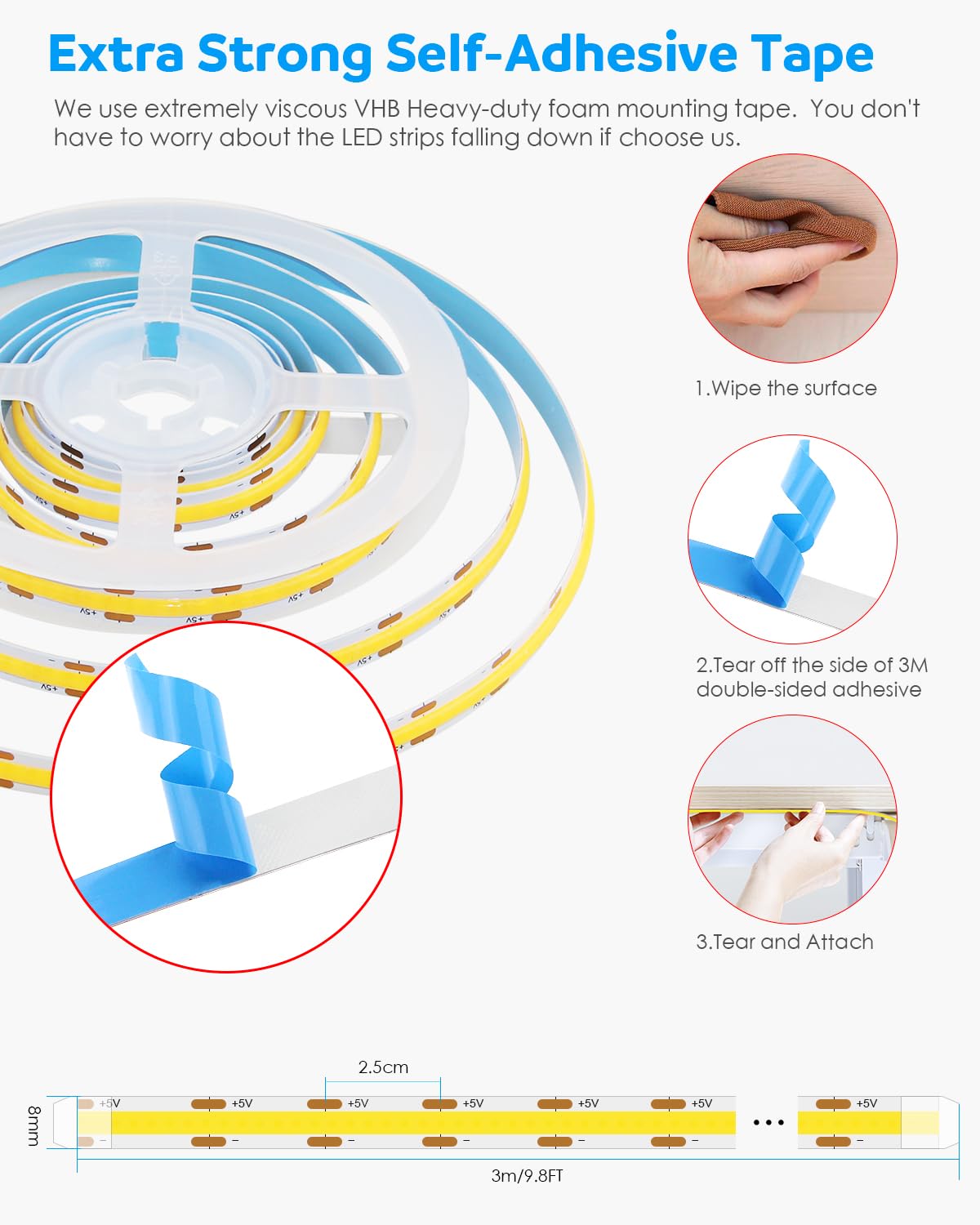 Aclorol 5V Cob Led Strip Lights 6000K Cold White Usb Led Strip Lights 10Ft For Bedroom 8Mm Width Flexible Rope Light For Kitchen Cupboard Wardrobe Staircase Counter Lighting Project 320Leds/M Cri85+