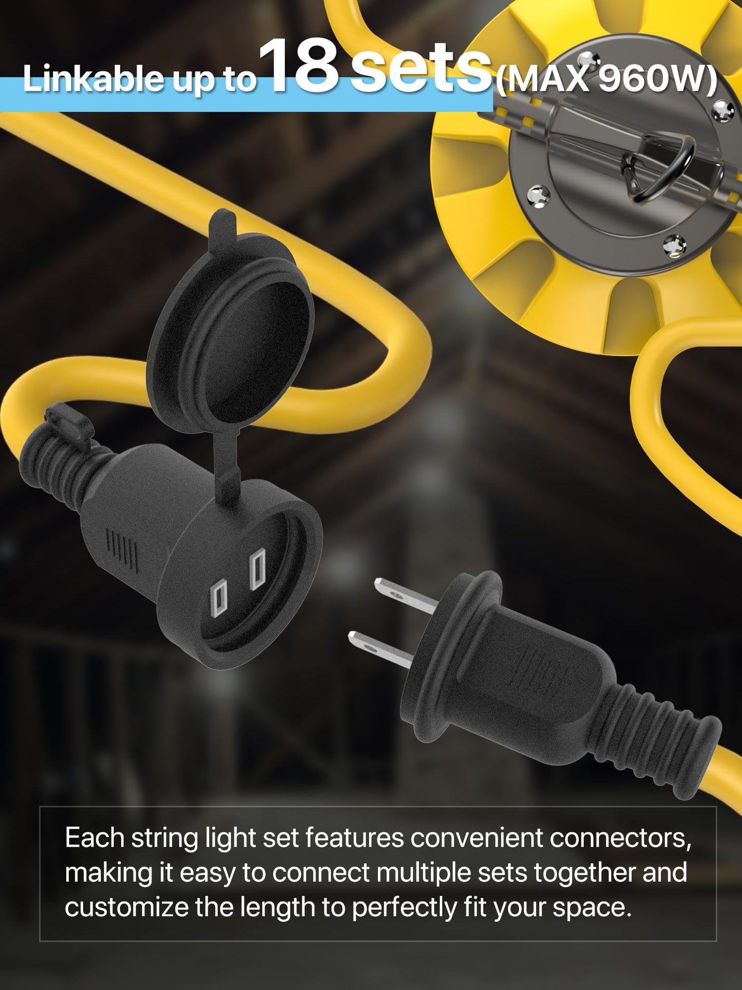 HYPERLITE Construction String Lights: 50FT 5 Bulbs Work Lights with Climbing Hooks - IP65 Waterproof Linkable LED Industrial Temporary Lighting for Construction Sites Attic Crawlspace Renovation