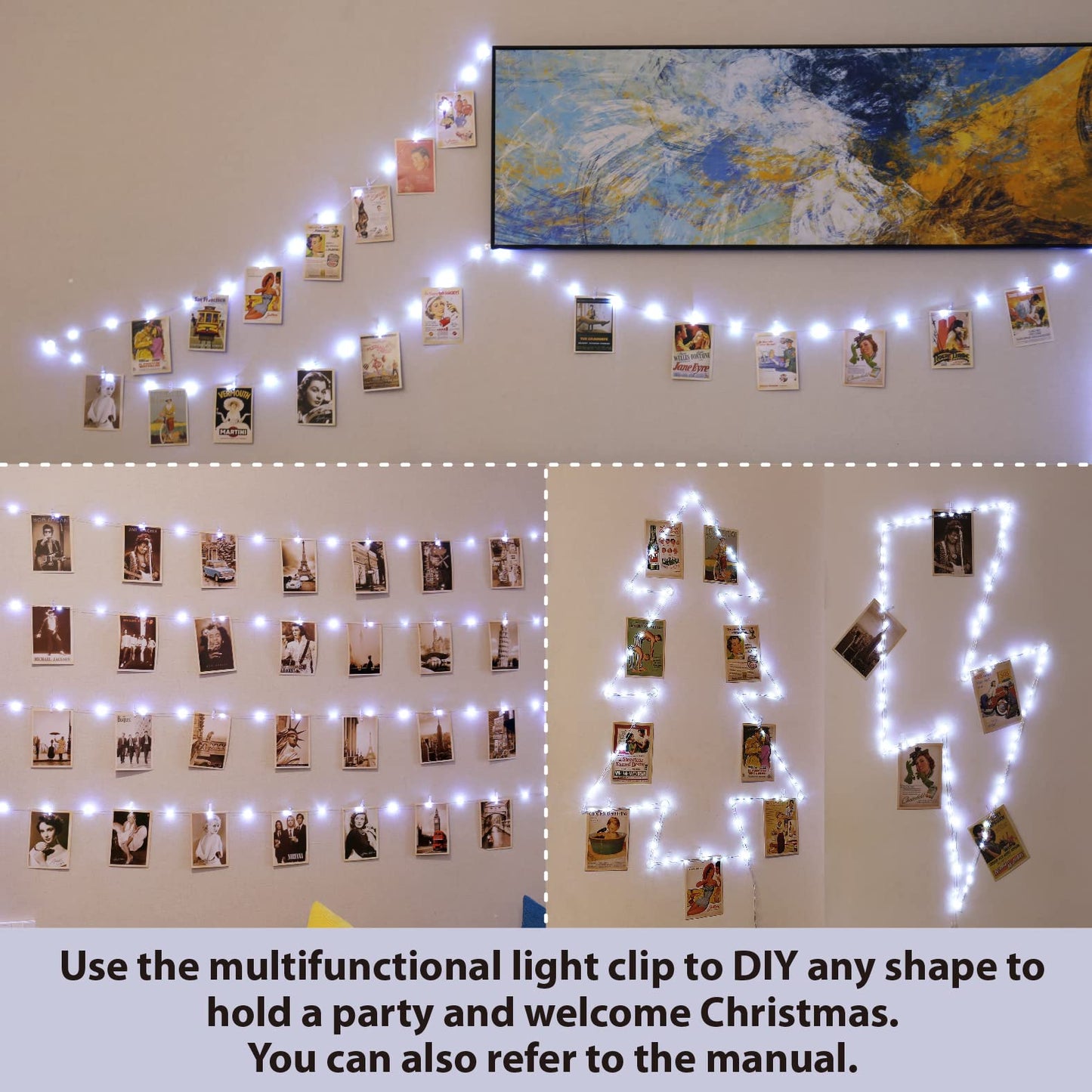 HXWEIYE Copper Wire String Light, 120LEDs, 40Ft, USB Powered, 8 Modes, White, with 52 Clips & 12 Hooks for Photos, Bedroom, Wedding