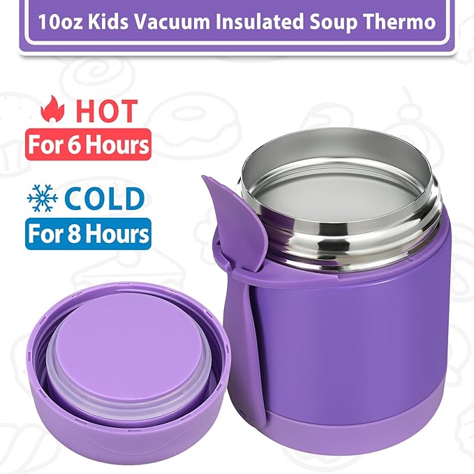 10oz Soup Thermo for Hot Food Kids, Insulated Food Jar with Spoon, Leak Proof Stainless Steel Wide Mouth Lunch Food Thermo Jar for School (Purple)