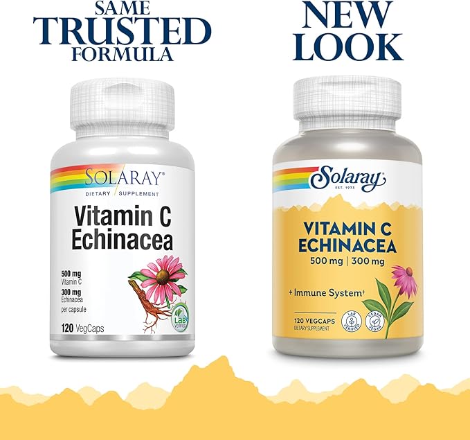 SOLARAY Vitamin C & Echinacea Root | Healthy Immune System Support w/ 500 mg VIT C & 300 mg Echinacea Per Capsule | Non-GMO & Vegan | 120 VegCaps