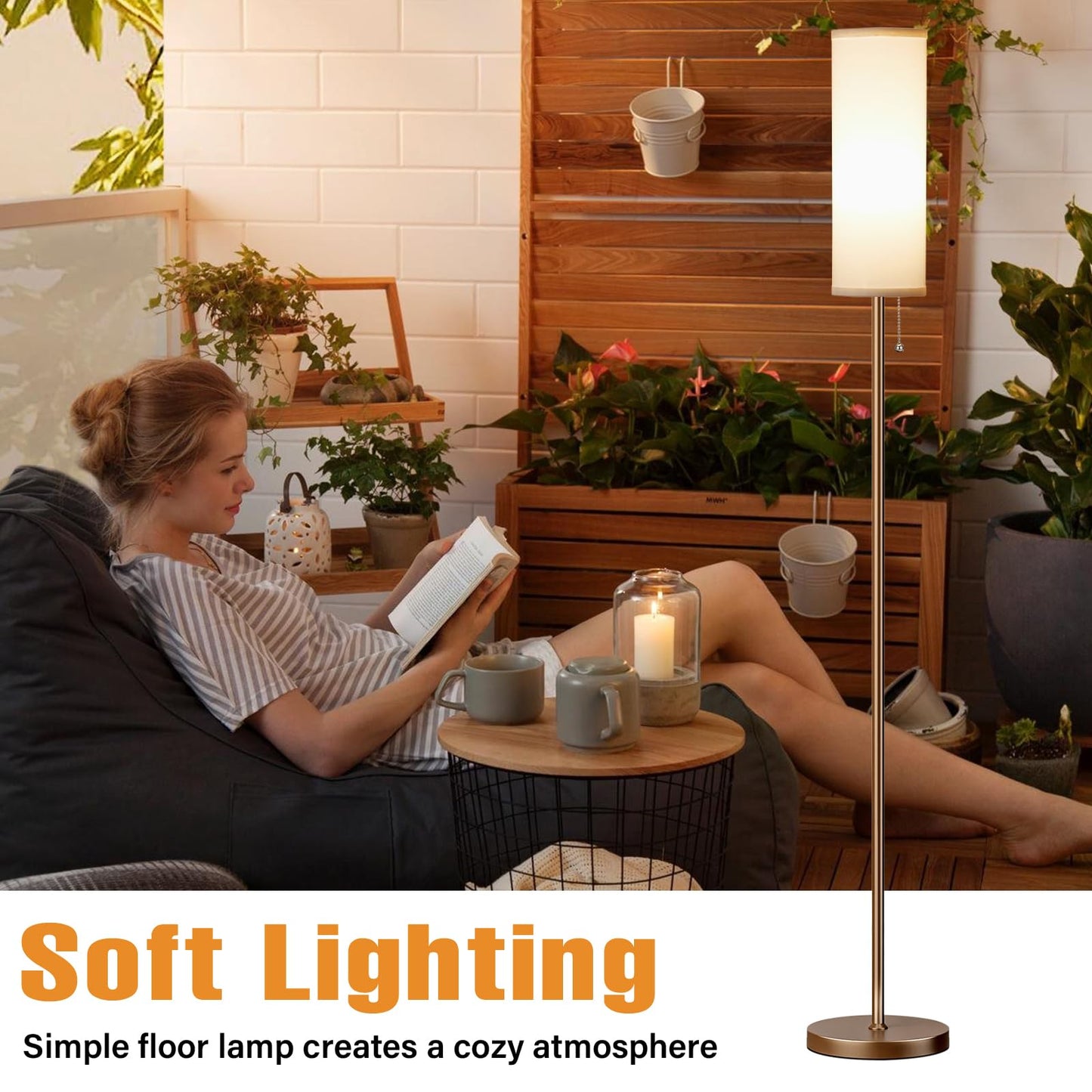 Ambimall Floor Lamp, 64in Tall, Metal, 3 Color Temperatures, White Shade & Brown Pole, Model RPT-ZGB20212