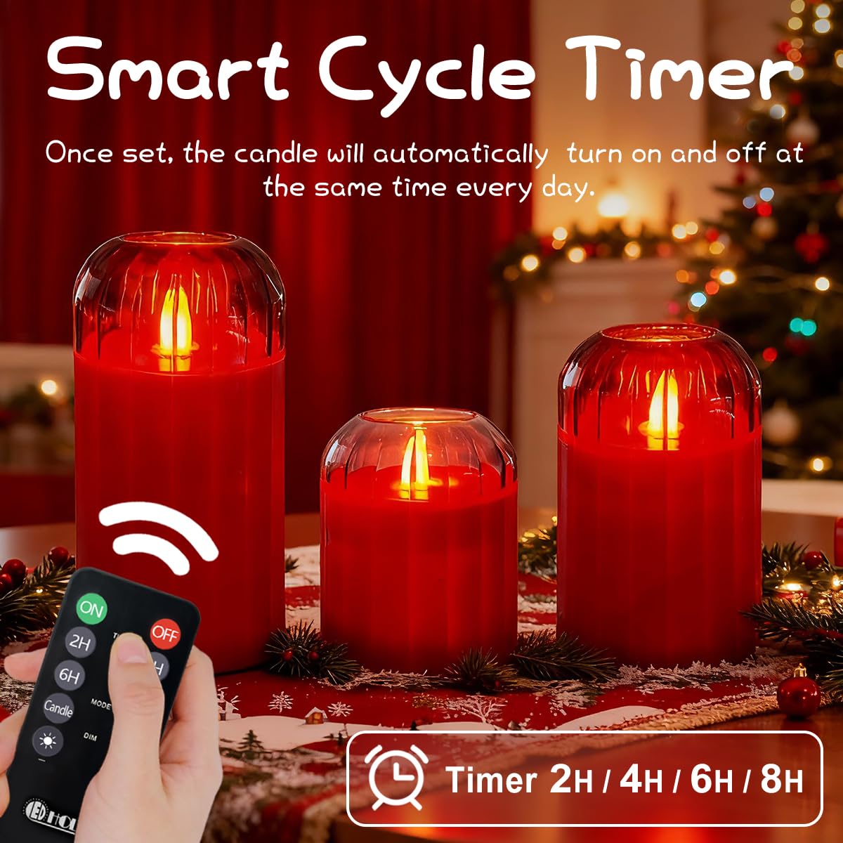LEDHOLYT Rechargeable Flameless Candle, Flashing LED Pillar Real Wax Candle with Remote Control and Timer, Red Glass Electronic Candles for Room Decoration, 1 Set of 3