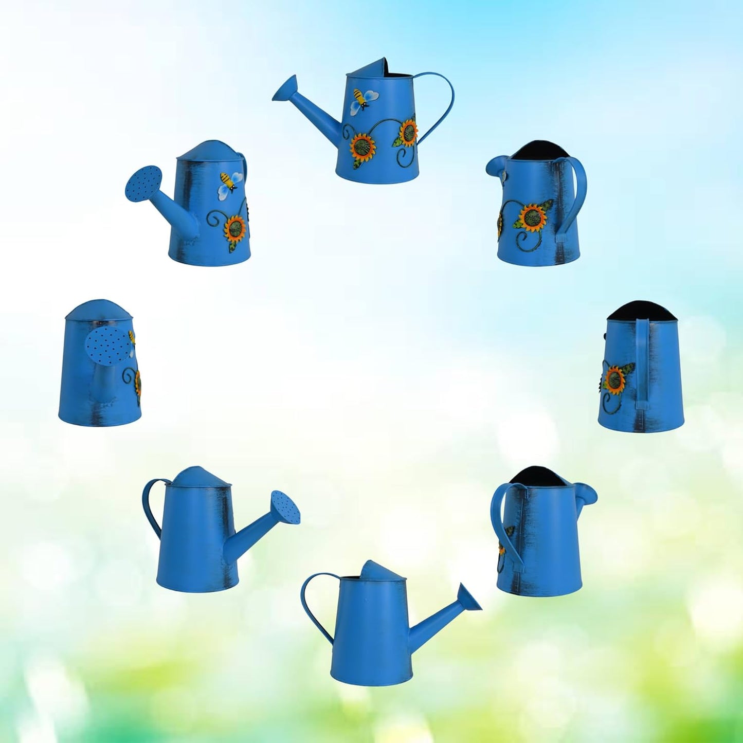 Decorative Sunflower & Bee Metal Watering Can (Vol: 4 Cups) | Small Blue Watering Can | Garden Décor Housewarming Gift for Mother Women Friends Gardeners