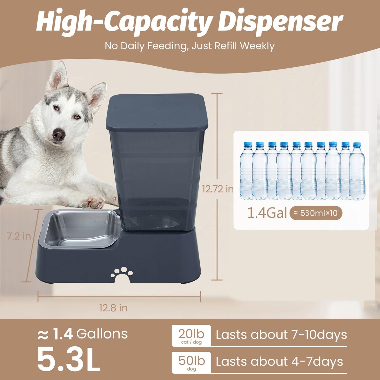 Leefele Automatic 5.4L/1.4Gal Pet Waterer, Pet Automatic Dog Water Dispenser Gravity Stainless Steel Water Feeder, Large Capacity Feeding Bowls for Cats and Medium & Large-Sized Dogs