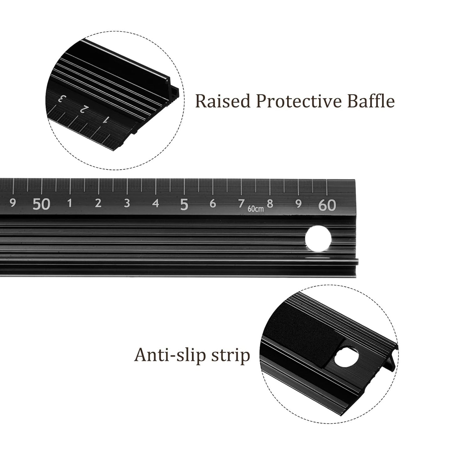 2pcs Raised Grip Metal Ruler - [60cm] Aluminum Alloy Precise Measurement Cutting Straight Protective Ruler Ruler Black for Office Measure Cut Drawing Use, 1mm Precision