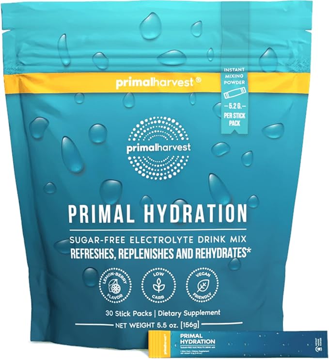 Primal Harvest Electrolytes Powder Packets Primal Hydration, Easy Open Packets, Energy Drink Mix (Lemon Berry, 30 Packs) (...
