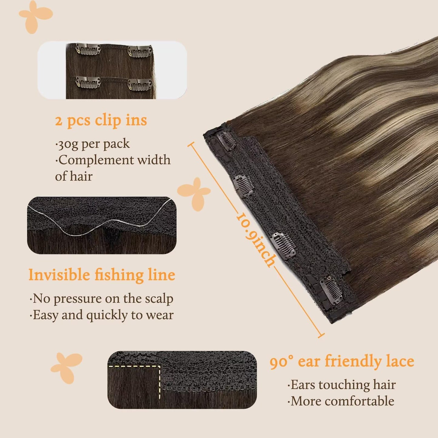 DOORES Wire Hair Extensions, Balayage Chocolate Brown to Honey Blonde 22 Inch 120g Fish Line Weft Extensions and 2pcs 30g Clip i