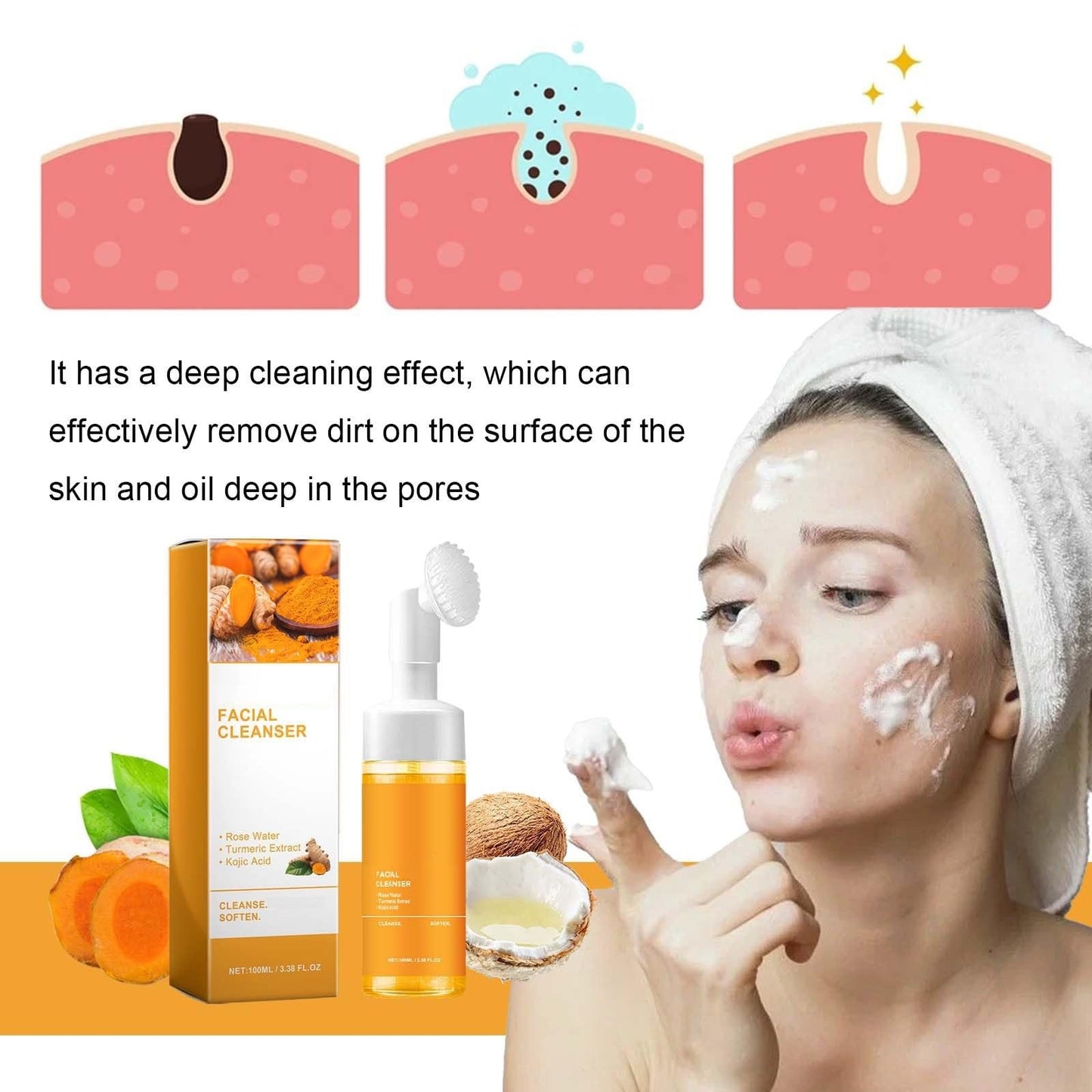 Axnzp 2 Pcs Turmeric Face Wash With Brush, Deep Cleansing Exfoliating Glow Wash Turmeric Facial Cleanser for Women All Skin.