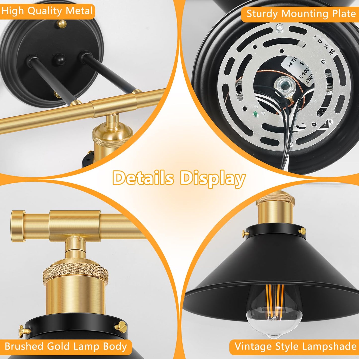 Licperron 2-Light Vanity Light Fixtures, Metal, Black & Gold, Industrial Design for Bathroom, Kitchen, Bedroom, Hallway