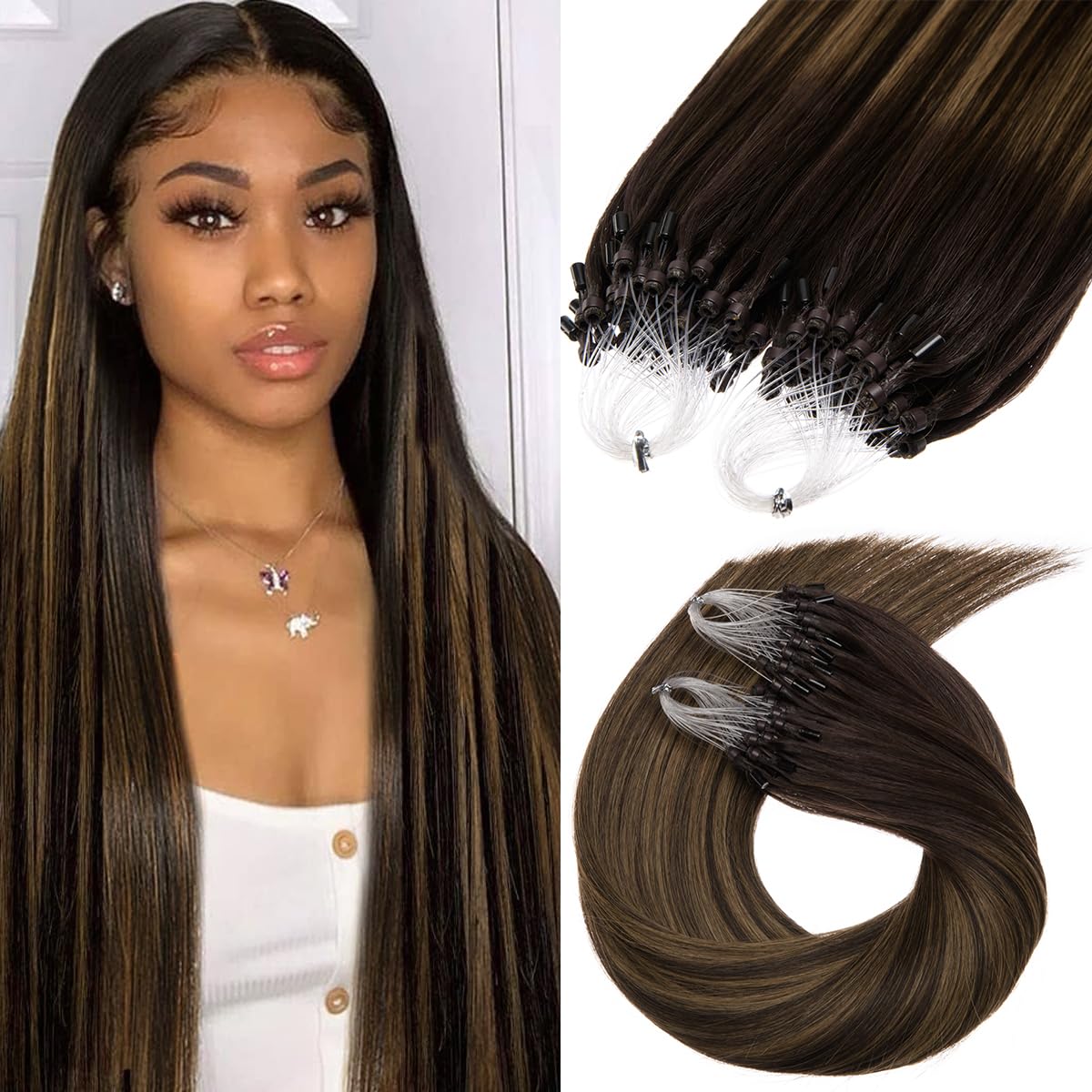 Kpvxxve Micro Loop Hair Extensions Human Hair Micro Link Extensions Darkest Brown Mix Ash Brown 20 Inch Ombre Microbead Extensio