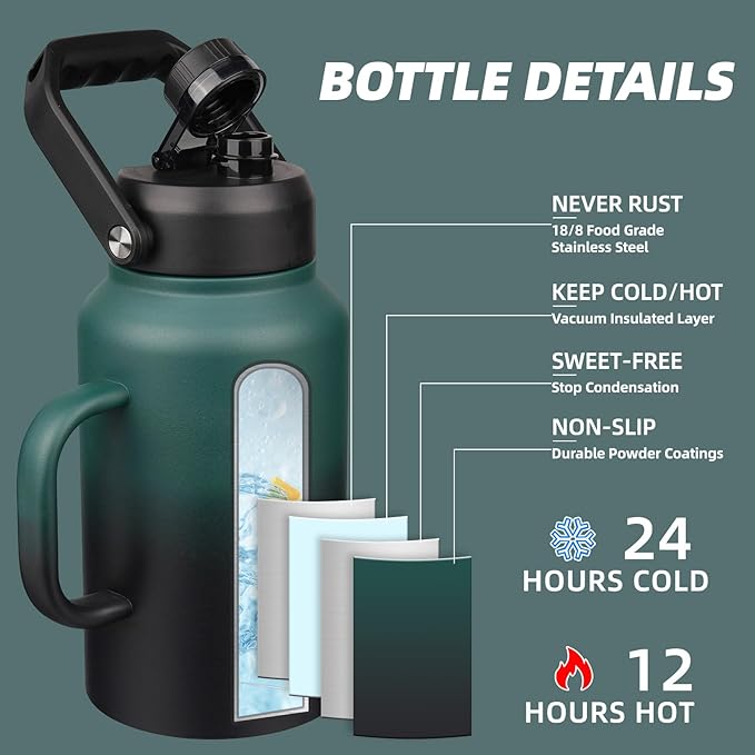 BJPKPK 87oz Insulated Water Bottle with Handle, Large Dishwasher Safe 2/3 Gallon Water Bottle, BPA Free Water Jug, Wide Mouth Metal Flasks with Anti-slip Bottom, Army Green & Black