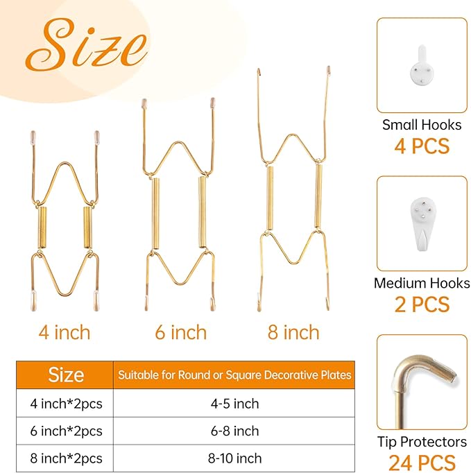 Bilillo 6-Piece Stainless Steel Wall Plate Hangers, 4/6/8 Inch Invisible Decorative Wire Plate Holders with 6 Pieces Wall Hooks for 4 to 10 Inch (Gold)