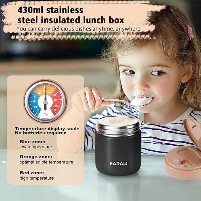 Insulated Food Jar with Temperature Display - 15.2 Oz, Thermo for Hot Food, Soup Thermo, Termos Para Comida Caliente, Width Mouth Stainless Steel Lunch Box with Folding Spoon, Black