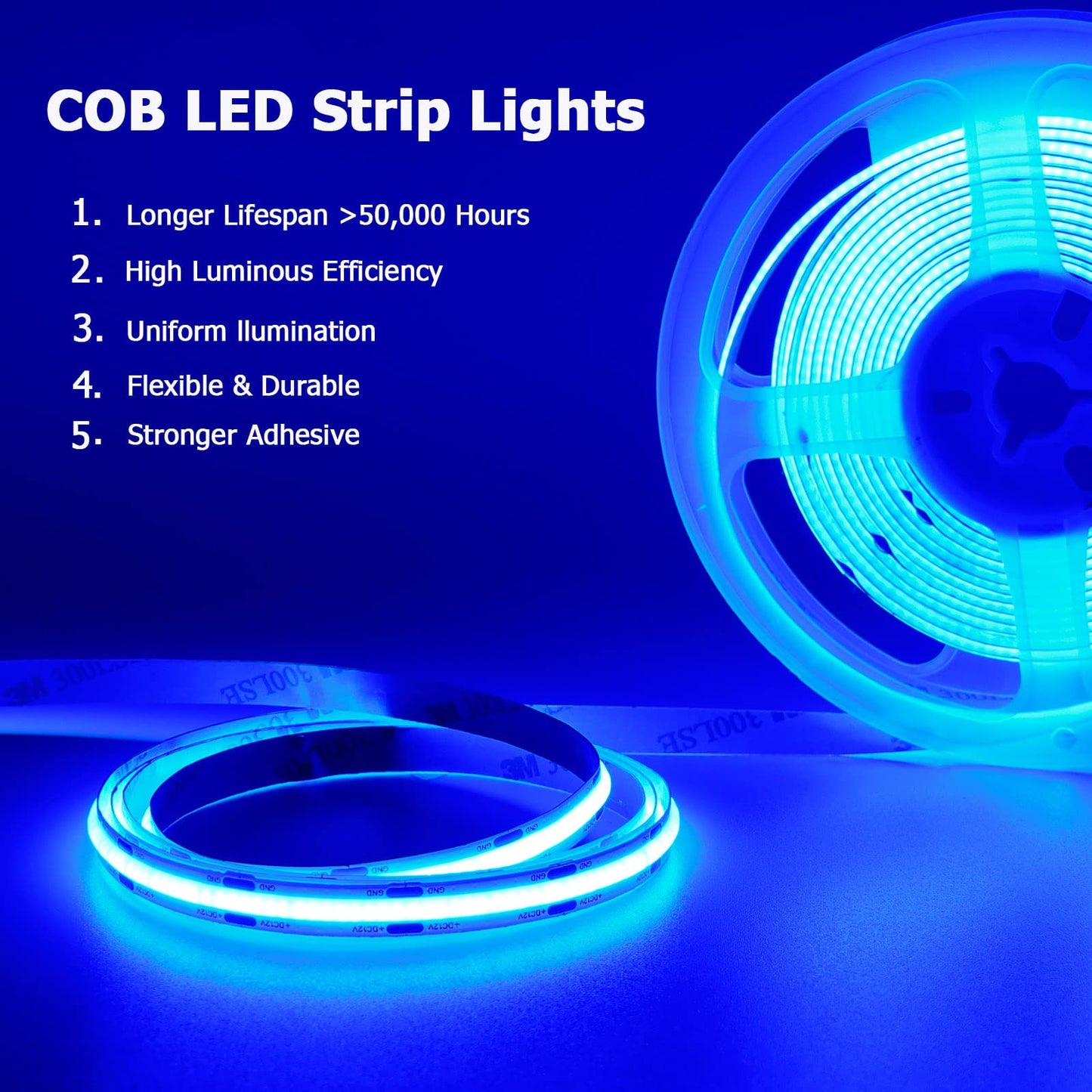 TOPAI 12V COB LED Strip Light Blue Waterproof IP65 16.4ft/5M 480LEDs/M Dotless High Density Self Adhesive Cuttable Flexibl LED Tape Light for Cabinet Home DIY Lighting Projects