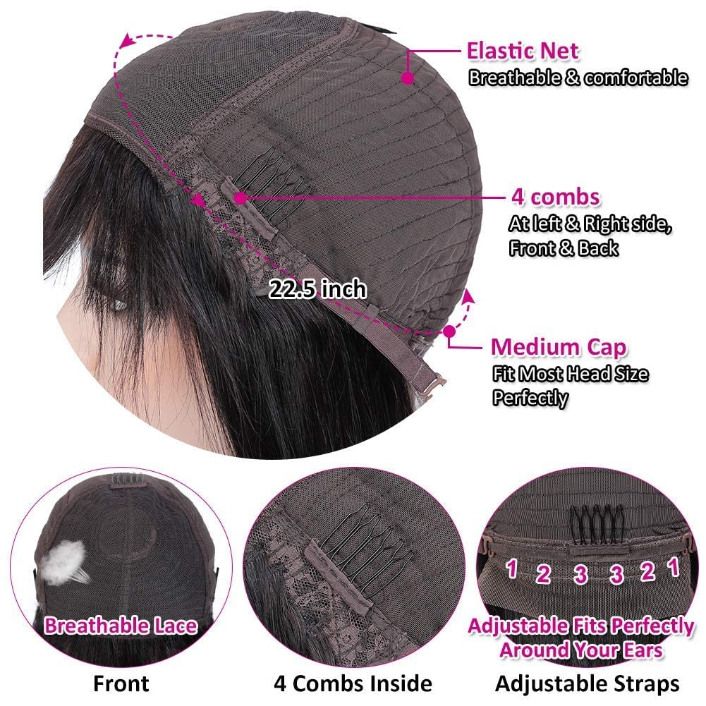 Amella Hair Straight Human Hair Wigs with Bangs for Black Women 150% Density Brazilian Straight None Lace Front Wgis with Bangs
