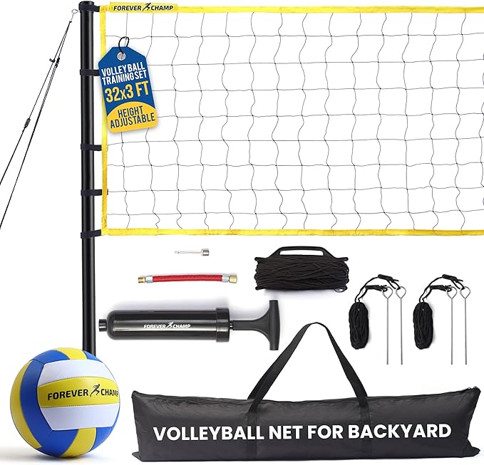 Forever Champ Volleyball Net for Backyard, Beach, Home, Includes 32x3 Ft Regulation Size Net, 8.5-Inch PU Volleyball, Carr...