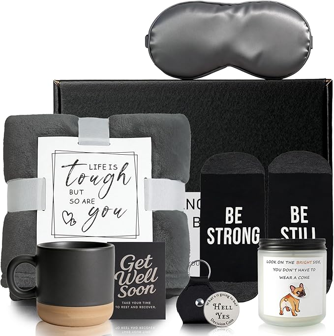 Dolcety Get Well Soon Gifts for Men – Care Package with Plush Blanket(Grey), Mug, Socks, Eye Mask, Bracelet, Candle & Card...