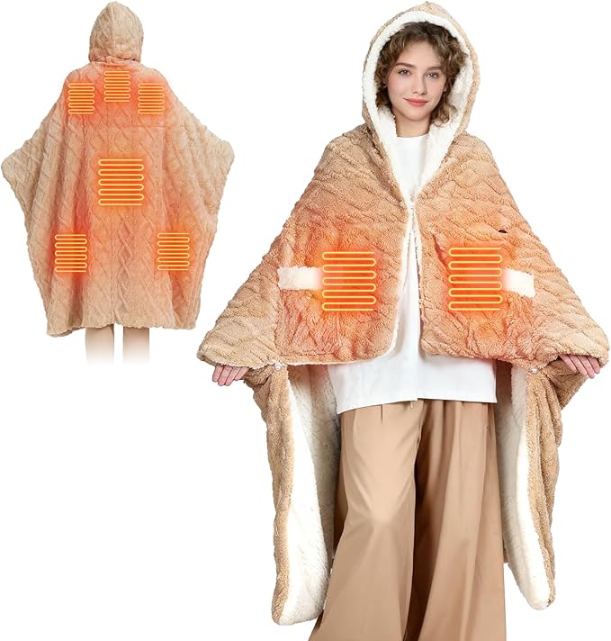 Heated Throw Blanket Wearable Battery Operated, 59" x 63" Cordless Portable Electric Blanket Wrap Poncho, Outdoor Heated S...