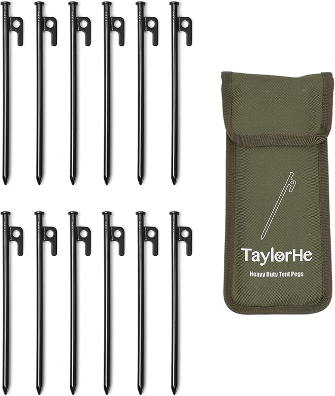 EXTRA STRONG Tent Stakes 12 Pack - 10inch Heavy Duty Tent Stakes with Carrying Pouch for Hard Ground Sandy Gravel Outdoor Travelling Hiking Camping