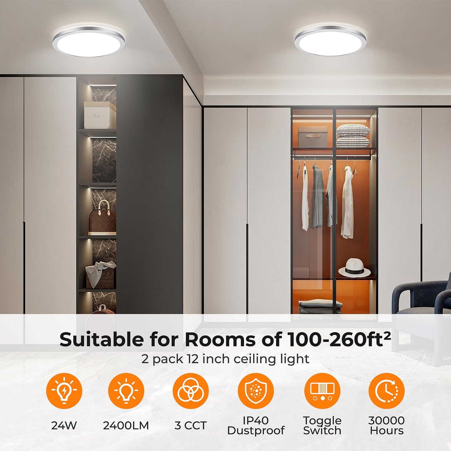BLNAN LED Flush Mount Ceiling Light, 12 Inch 24W, Selectable 3000K/4000K/5000K, Silver, Model LS-CL-G24W-D