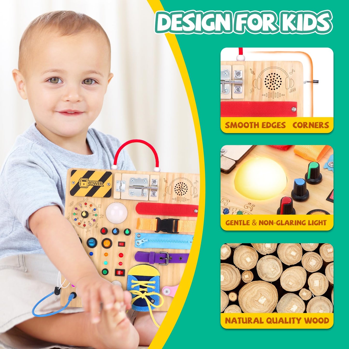 Iabedi Busy Board,Montessori Toys for 1-3 Years Old, Wooden Toddler Toys, Autism Sensory Travel Toy, Ideal Gift for 1+ Year Old Boys (Busy Board Plus v3)