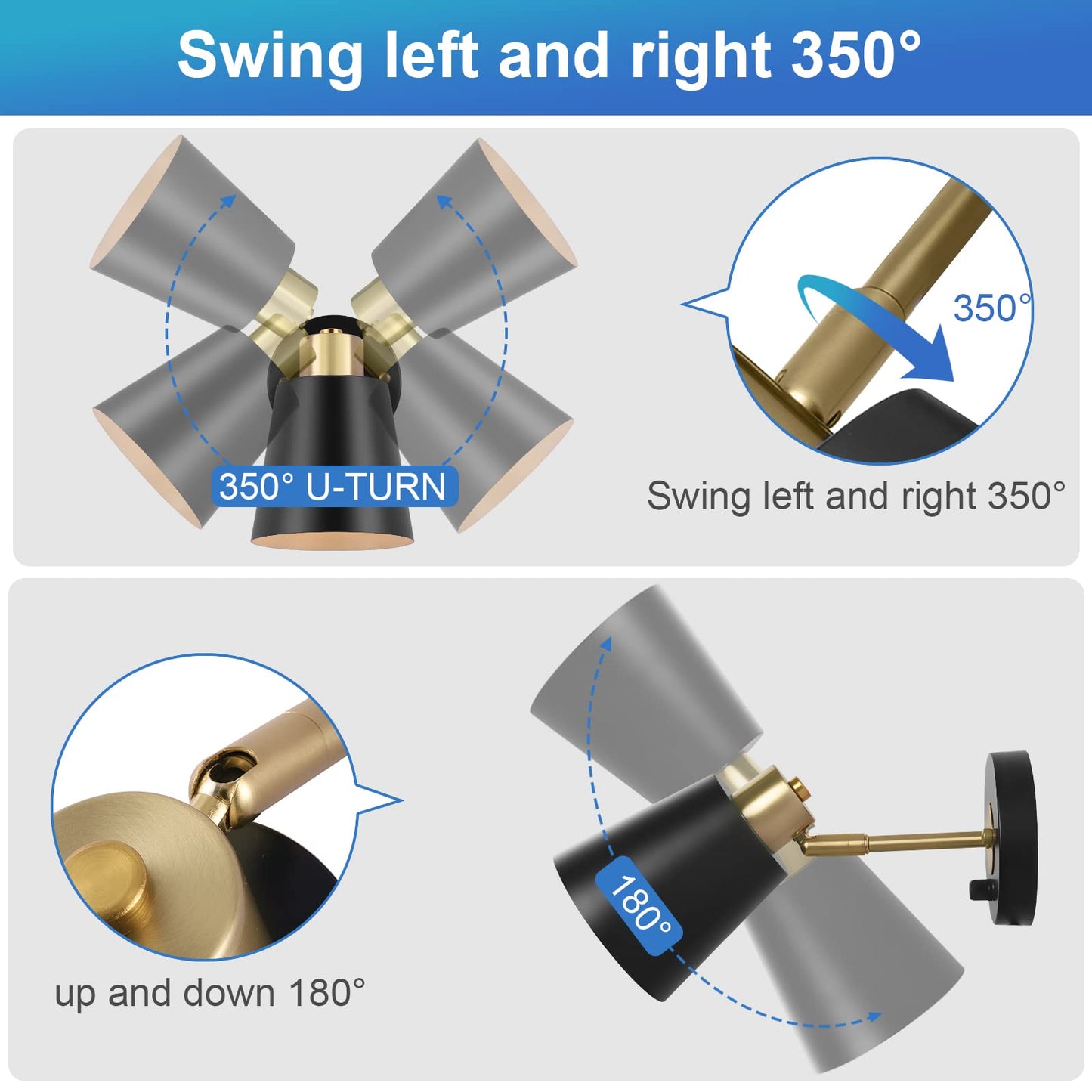 VATONI Plug in Wall Sconce, Dimmable Adjustable Light, 1 Pack, Black, Brass, Stlamp-Blk-1P, One Bulb Included