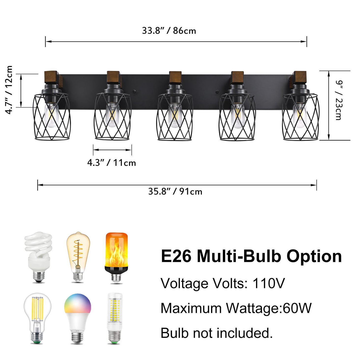 Xvmbvm Farmhouse Bathroom Vanity Light  5-Light Wood Bathroom Light Fixtures Over Mirror  Black Industrial Vanity Lights With Metal Shade  Rustic Bathrooms Lighting For Living Room  Bedrooms  Hallway
