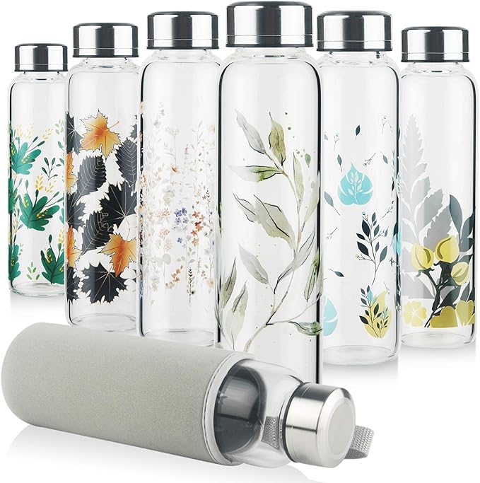Borosilicate Glass Water Bottle, Sports Glass Drinking Bottle with Neoprene Sleeve and Stainless Steel Lid 16oz / 32oz