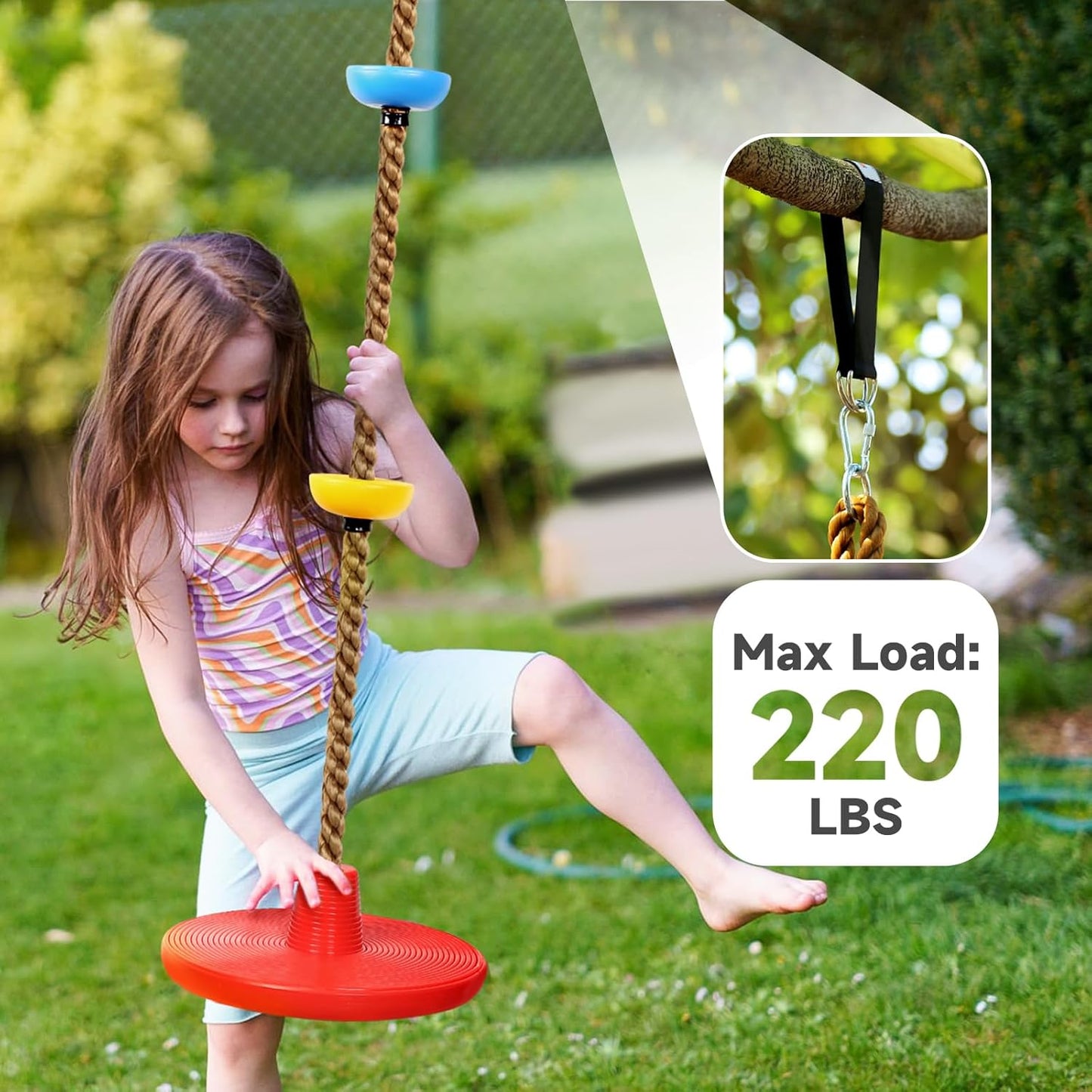 Climbing Rope Tree Swing with Platforms and Disc Swing Seat Set Outdoor Playground Accessories for Kids Including Hanging Strap & Carabiner Rope Swings for Tree Outdoor Swing Set Accessories