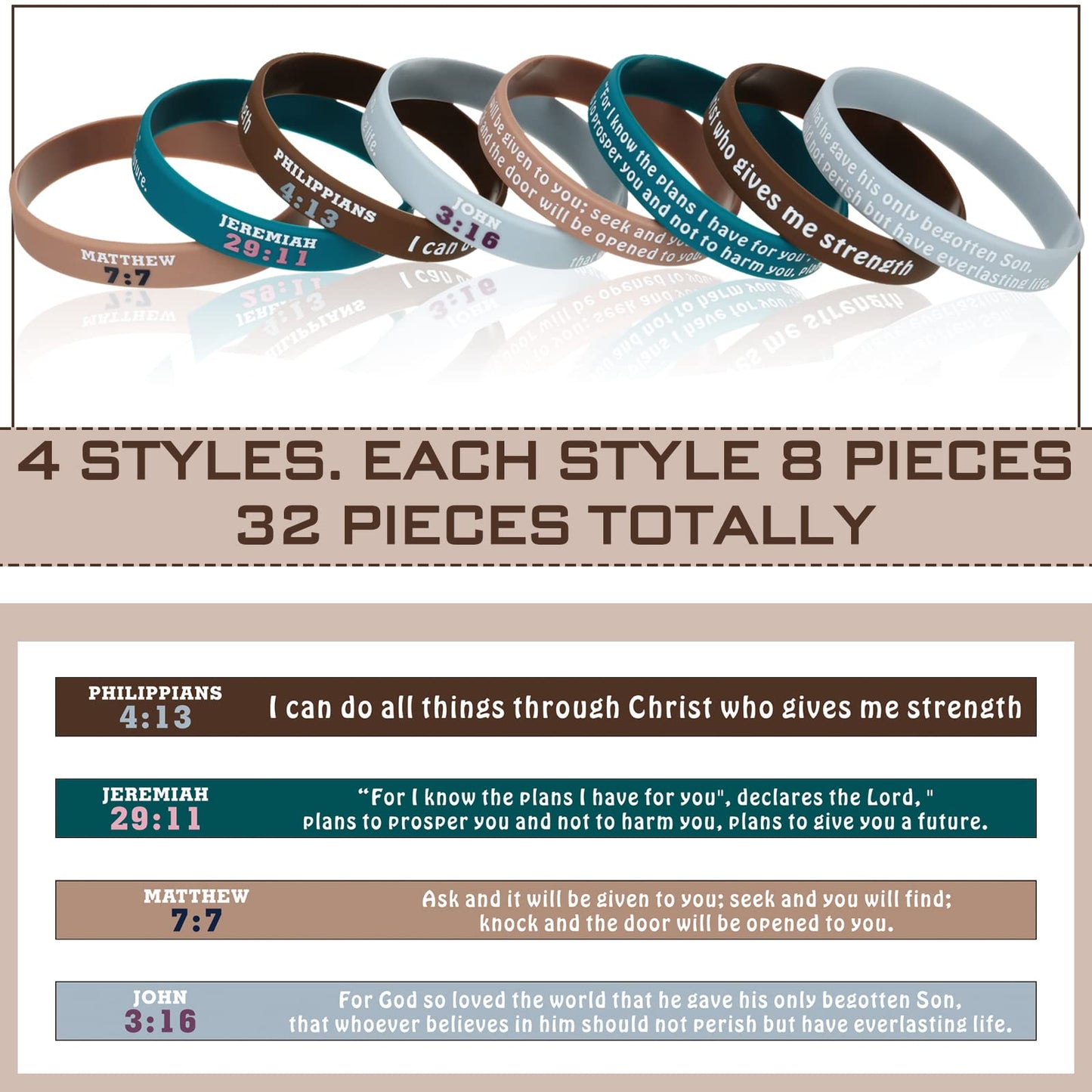 Sinmoe 32 Pcs Bible Verse Silicone Bracelets - Inspirational Rubber Wristbands for Men & Women, 2.3 Inch, Multiple Colors, Model: 7659