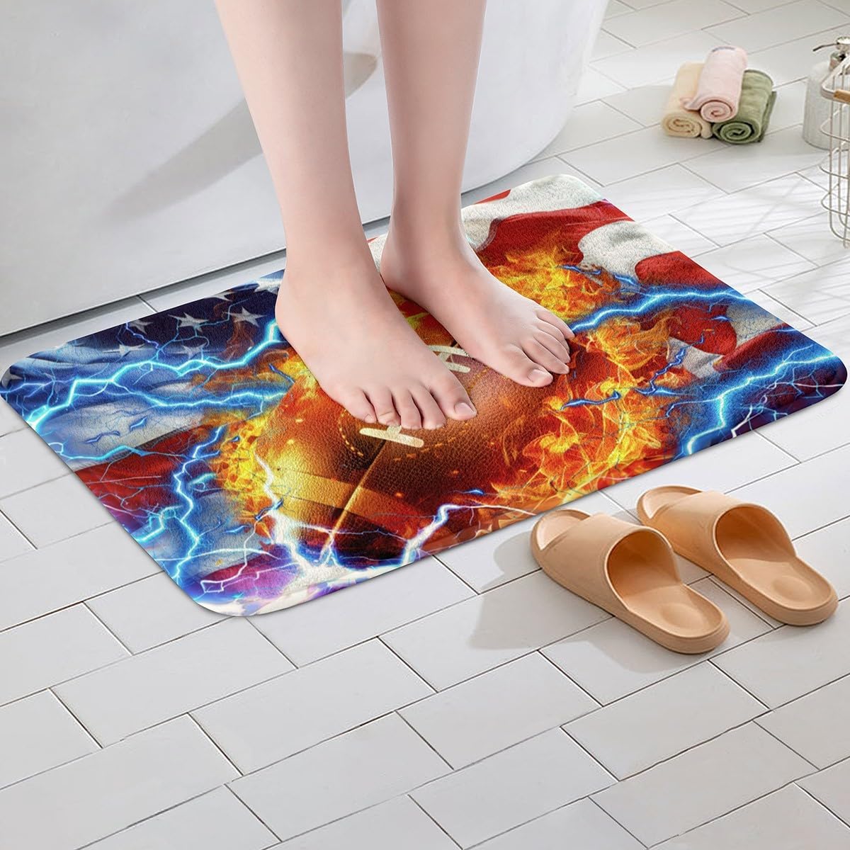Feelyou 3D Football Polyester Bath Rug American Flag Soft Fleece Door Carpet for Kids Boys Girls Fire Ball Games Sports Non Slip Bath Mat Retro USA Flag Bathroom Floor Indoor Doormat,16x24 Inch