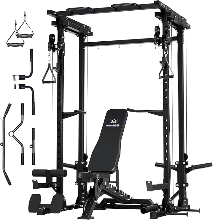 MAJOR FITNESS Drone3 Power Rack, 2500lbs Multi-Function Home Gym Squat Rack with Dual Pulley System, Pull-Up Bar & J-Hook...