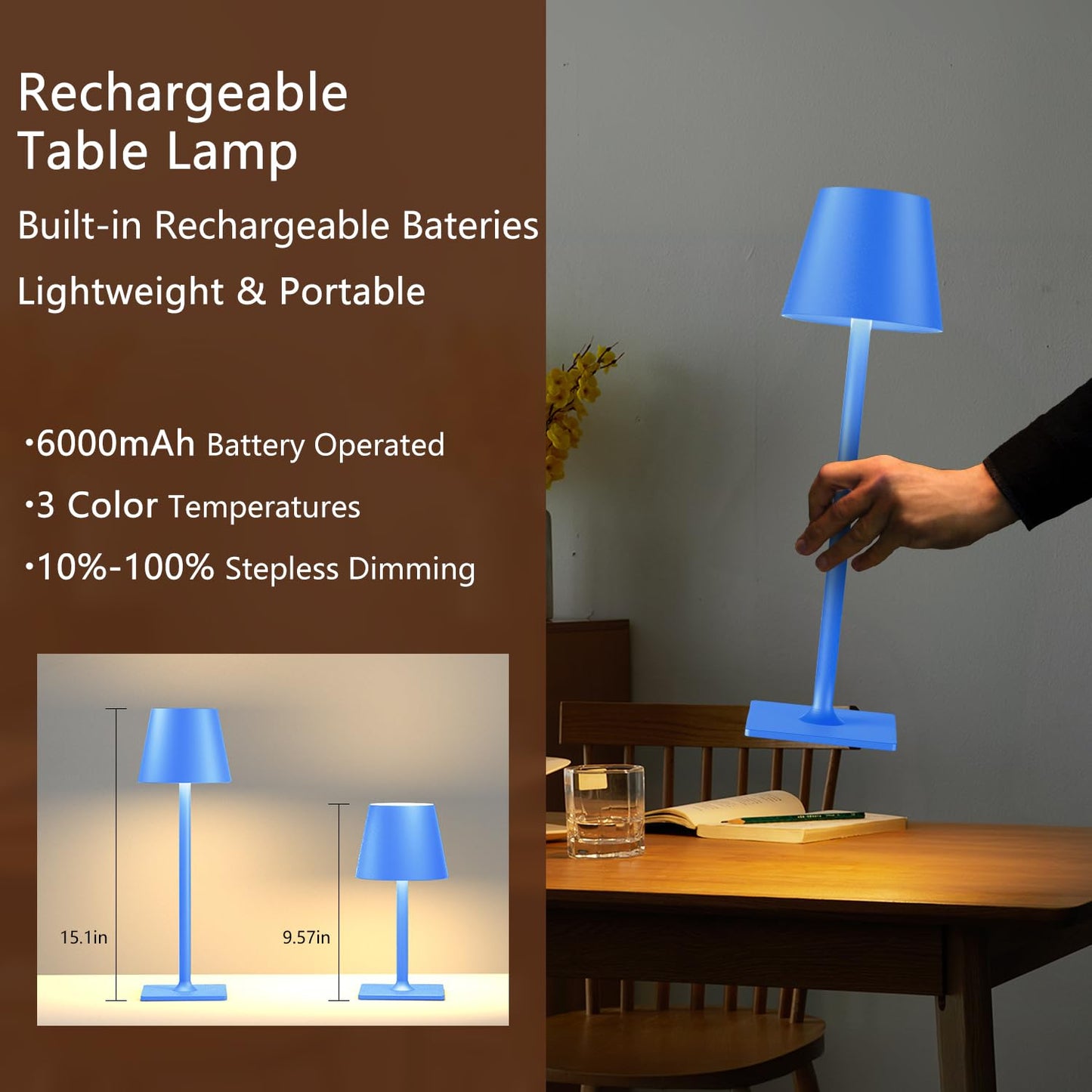 Yogaret Blue Cordless Table Lamp Set of 2, Metal Indoor/Outdoor Lighting, Model Yogaret-Dinner Lamp