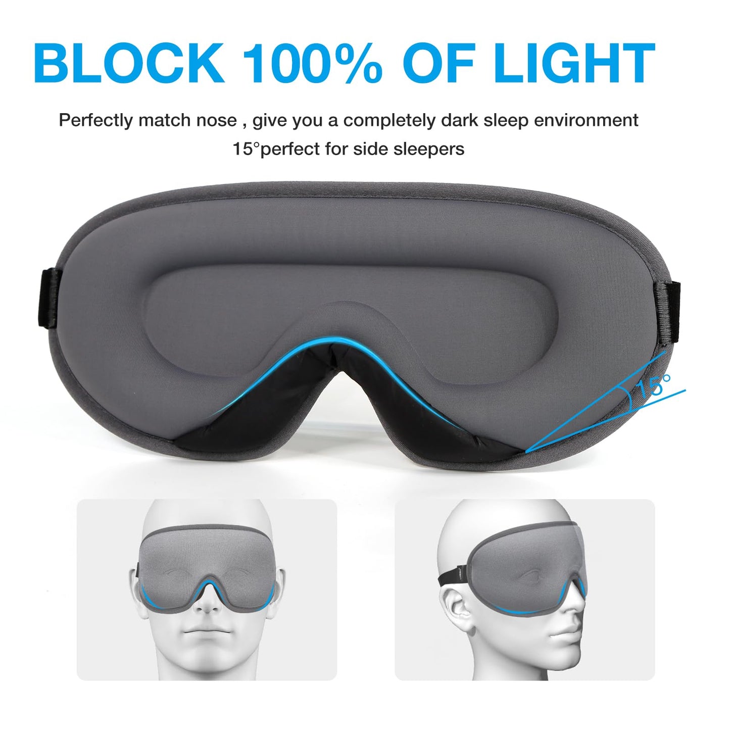 LYSIAN Cooling Sleep Eye Mask Men Women, 3D Night Blindfold Sleep Mask with Earplugs, Soft Pressure-Free Shade Cover for Travel, Yoga (Silver-Grey)