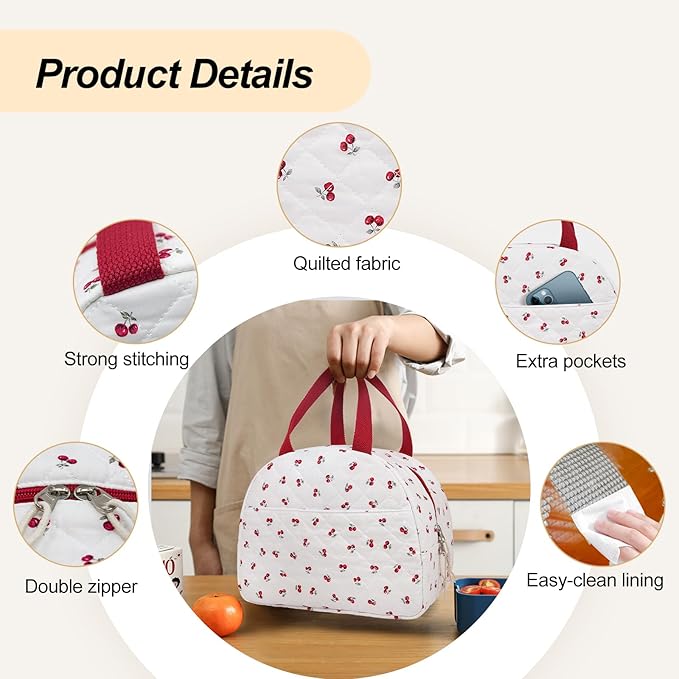 Lunch Box for Women,Cute Quilted Lunch Tote Bag,Reusable Insulated Lunch Box,Large Capacity Cooler Bag with Compartments for Work, Picnics or Travelling