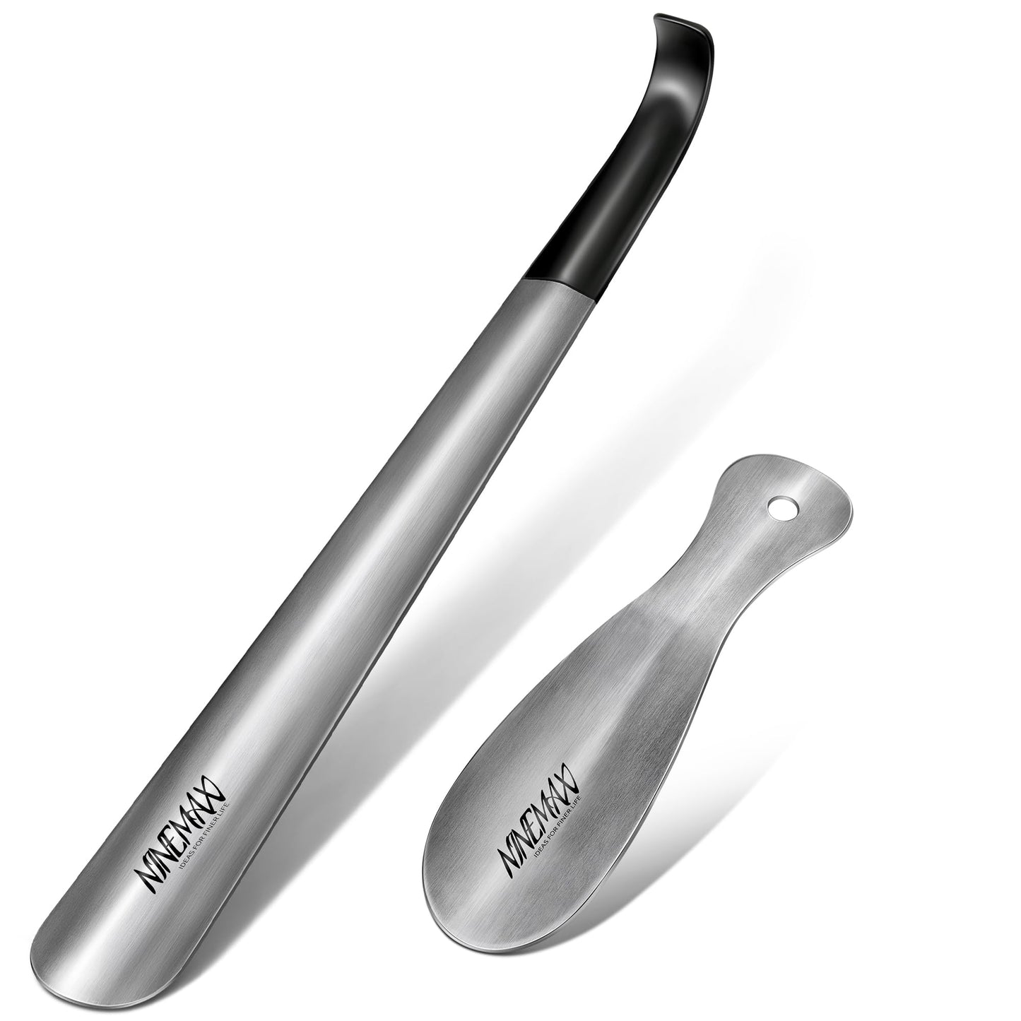 NINEMAX Shoe Horn Long Handle for Seniors Men Women, Metal Long Shoehorn Boot Horn 16.5'', Travel Small Stainless Steel Shoe Spoon Helper for Kids 7.5''