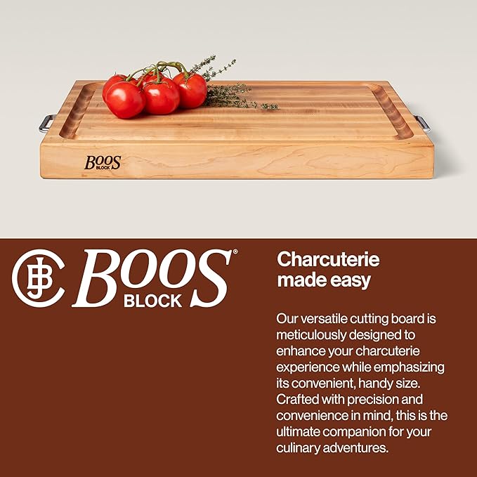 John Boos Handle Boards Series Rectangular Wooden Maple Cutting Board 24”x18” – 2.25” Thick, 30-lb Reversible Butcher Block with Juice Groove, Edge-Grain & Metal Handles