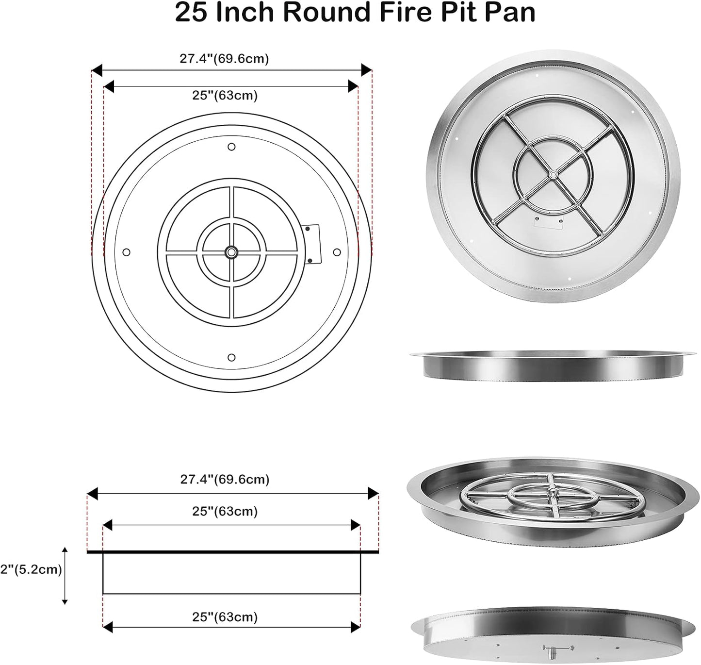 Stanbroil 25 Inch Drop-in Round Natural Gas Fire Pit Kit with Spark Ignition,304 Stainless Steel Fire Pit Burner for Outdoor Indoor- Natural Gas Version