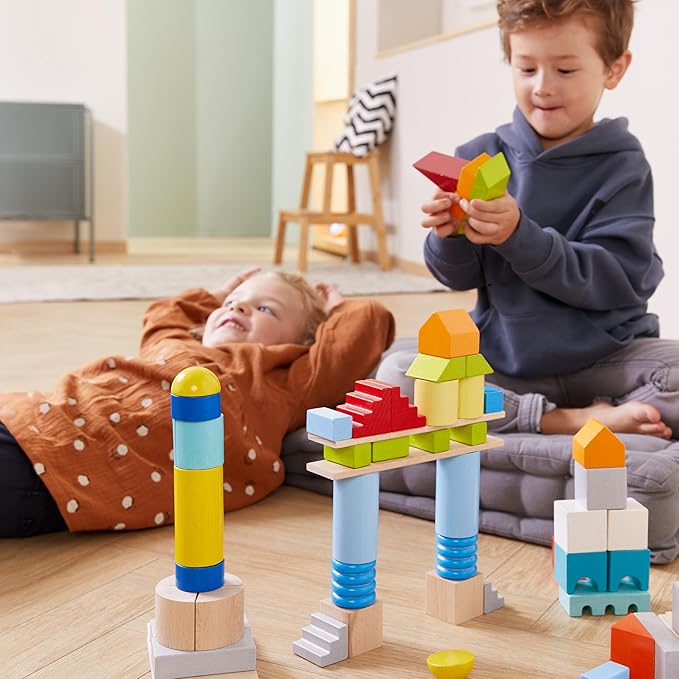 HABA Colored Wooden Building Blocks - Set of 85 Piece Set of Wooden Toys, Stacking Toys for Toddlers 1-3 Ideal Open Ended STEM Play (Made in Germany)