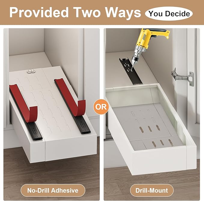Pull out Cabinet Organizer,Width (7"-11") and Depth (17"-24") Expandable With 3 Rails,No Drill Adjustable Slide out Drawers for Kitchen,Pantry,Adhesive Roll out Shelves,for Cabinets Without Lip,White