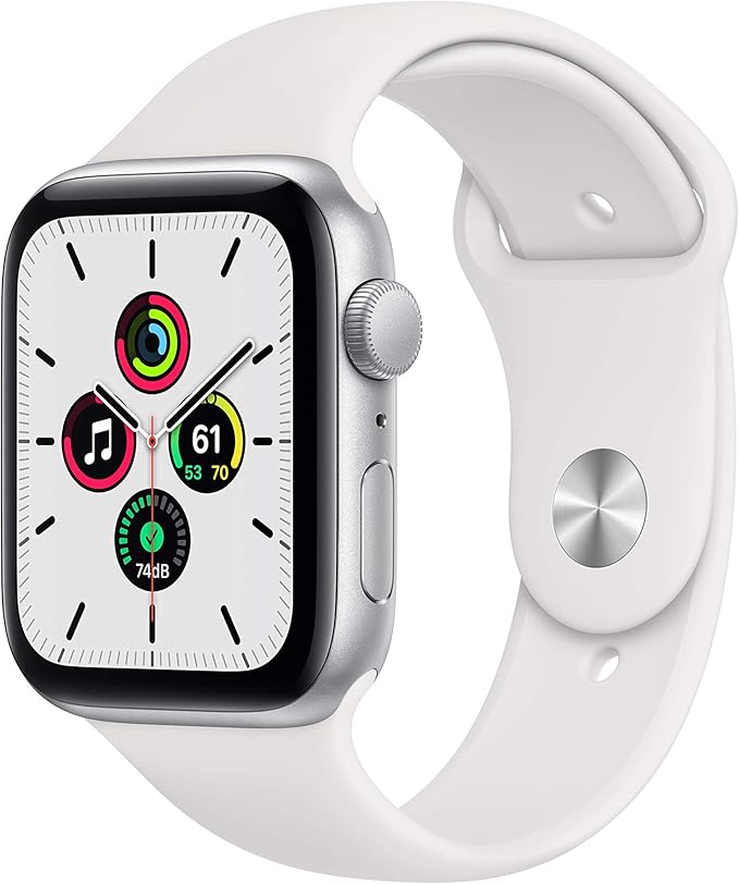 Apple Watch SE (GPS, 44mm) - Silver Aluminum Case with White Sport Band (Renewed)