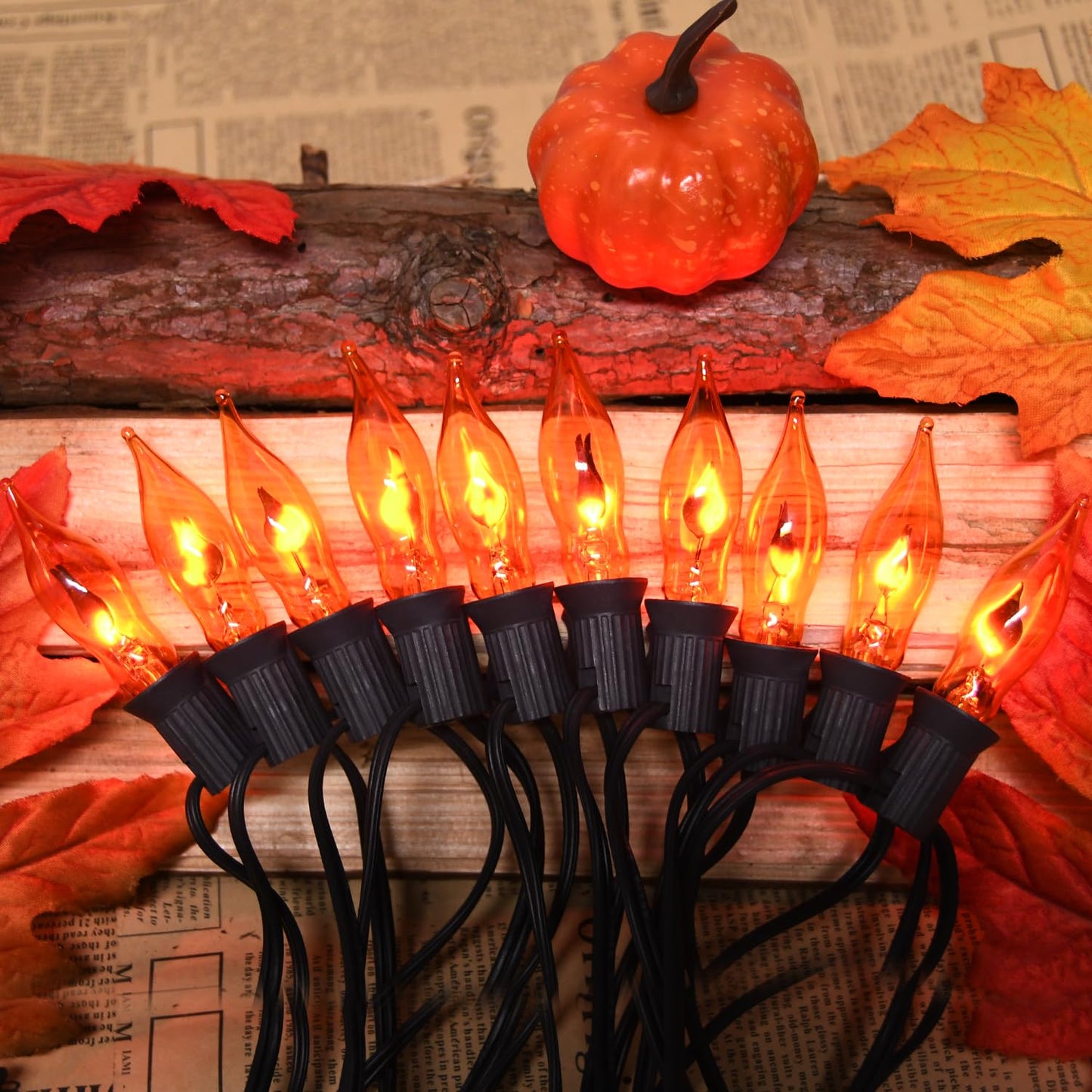 SOTOPOO Fall Decor String Lights - 12.8FT Orange Flickering Flame Effect, 12 Pack C18 Glass Bulbs, Model ULP(7)-LR(10)(1W