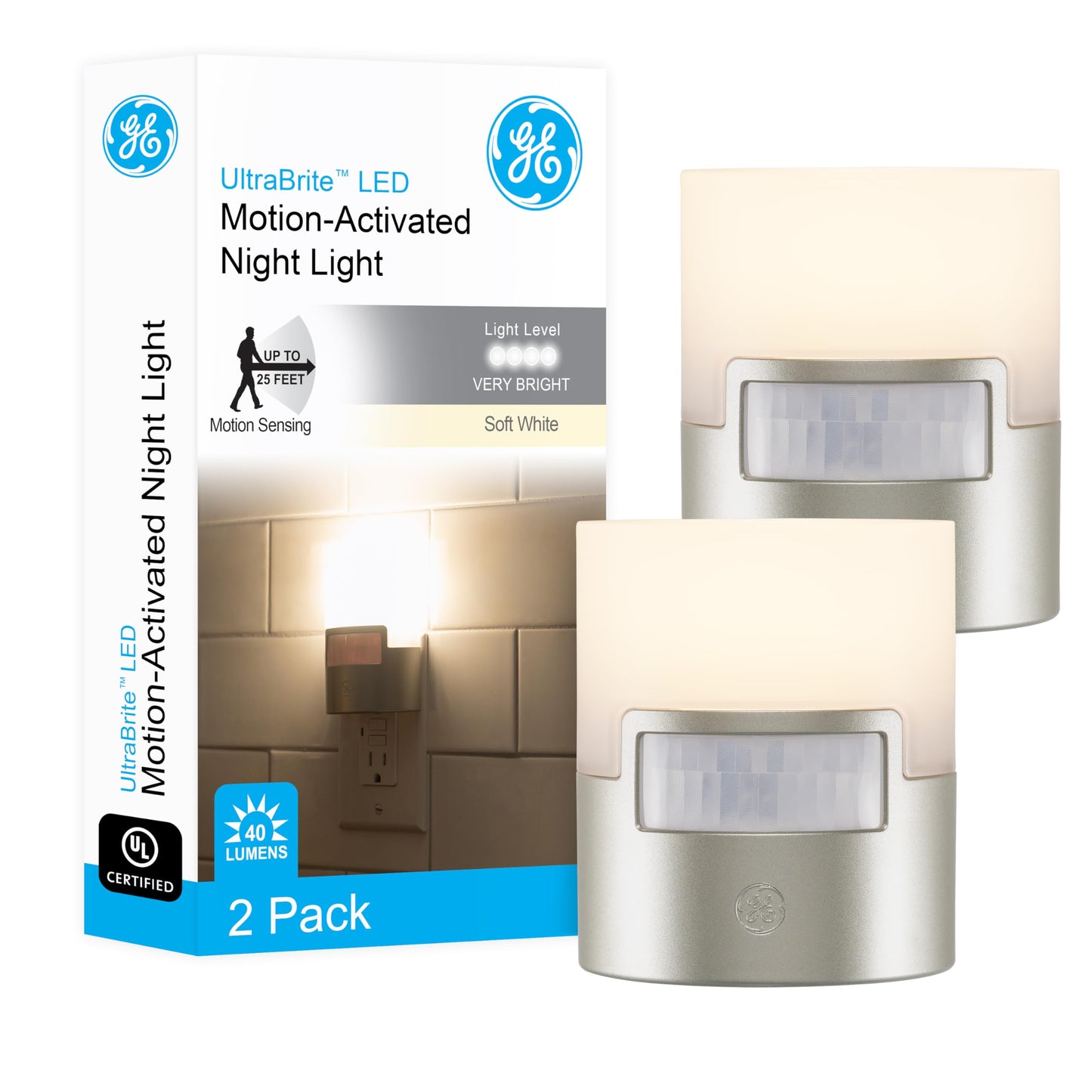 GE LED Motion Sensor Night Light, 40 Lumens, Soft White, Plastic, Silver, 2 Pack, Model 46633