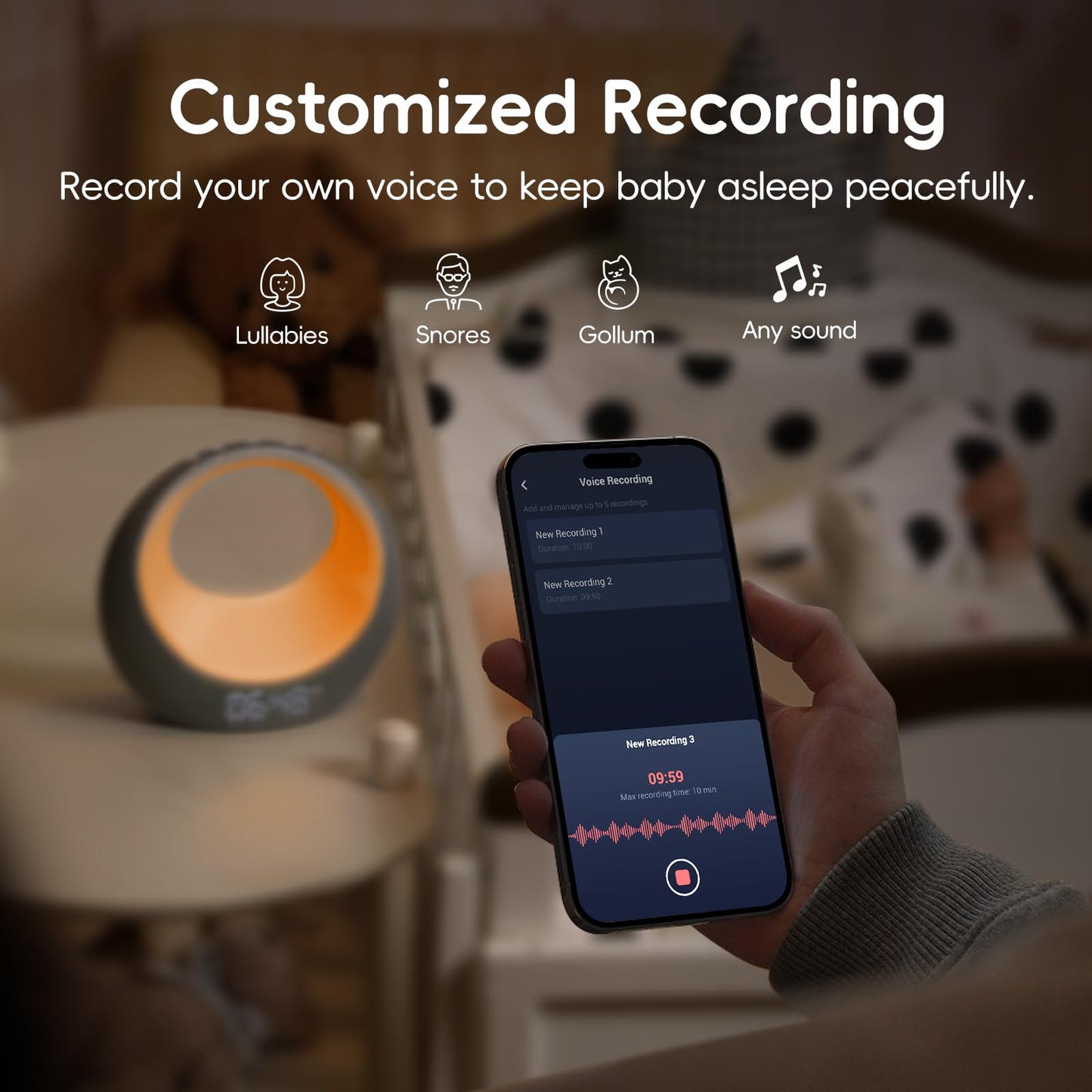 Gianna Baby Sound Machine - Auto-Soothing, Customizable Recording, 26 Soothing Sounds, 8 Eye-Care Lights, APP-Controlled White Noise Machine, Rechargeable Sleep Trainer - Ideal for Nurseries, Bedrooms