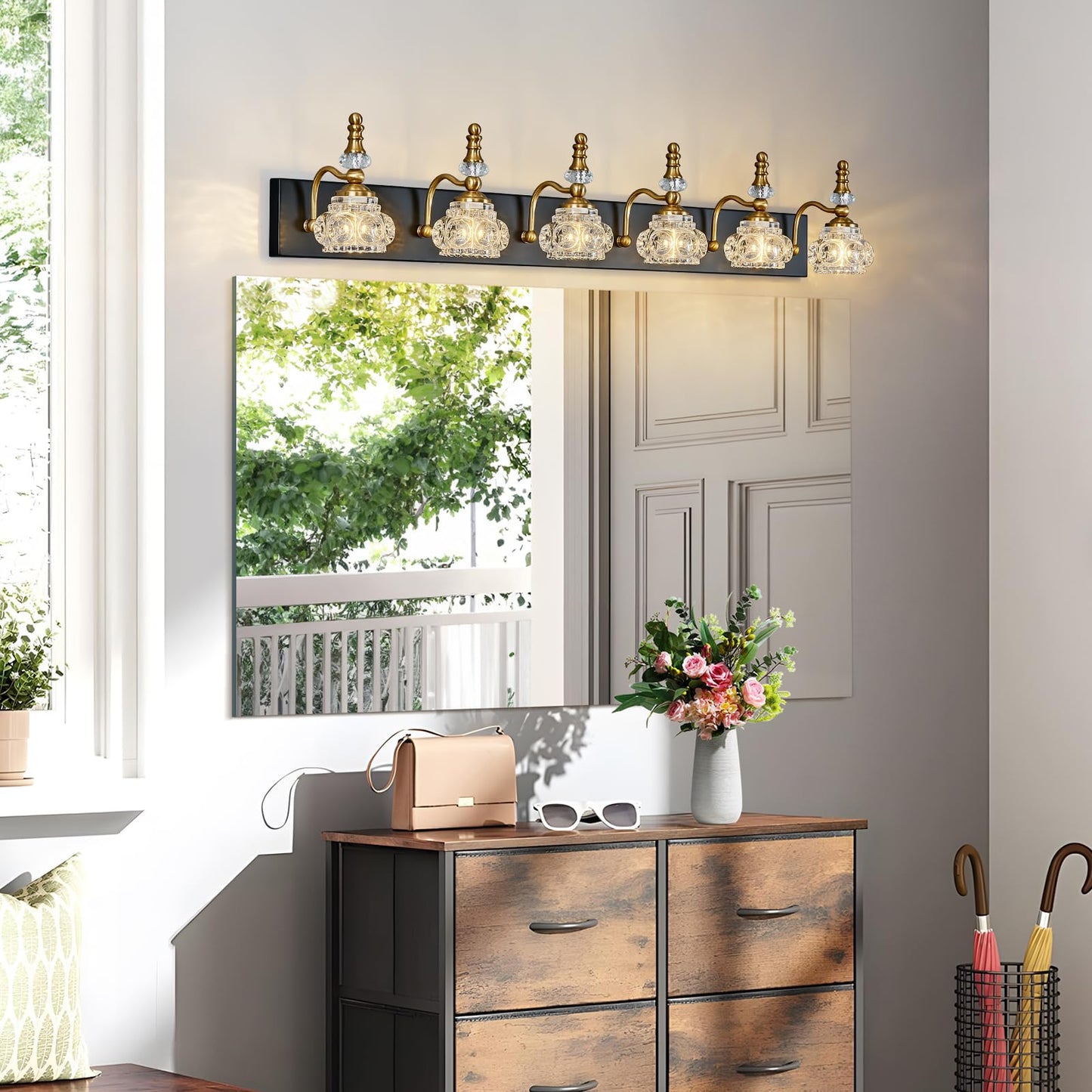 Lbsqj 6-Light Vintage Bathroom Vanity Light Fixture Industrial Black Gold With Glass Shade Vanity Light Fixtures Over Mirror Glass Bathroom Vanity Lighting Fixtures G9 Bulb Wall Lights