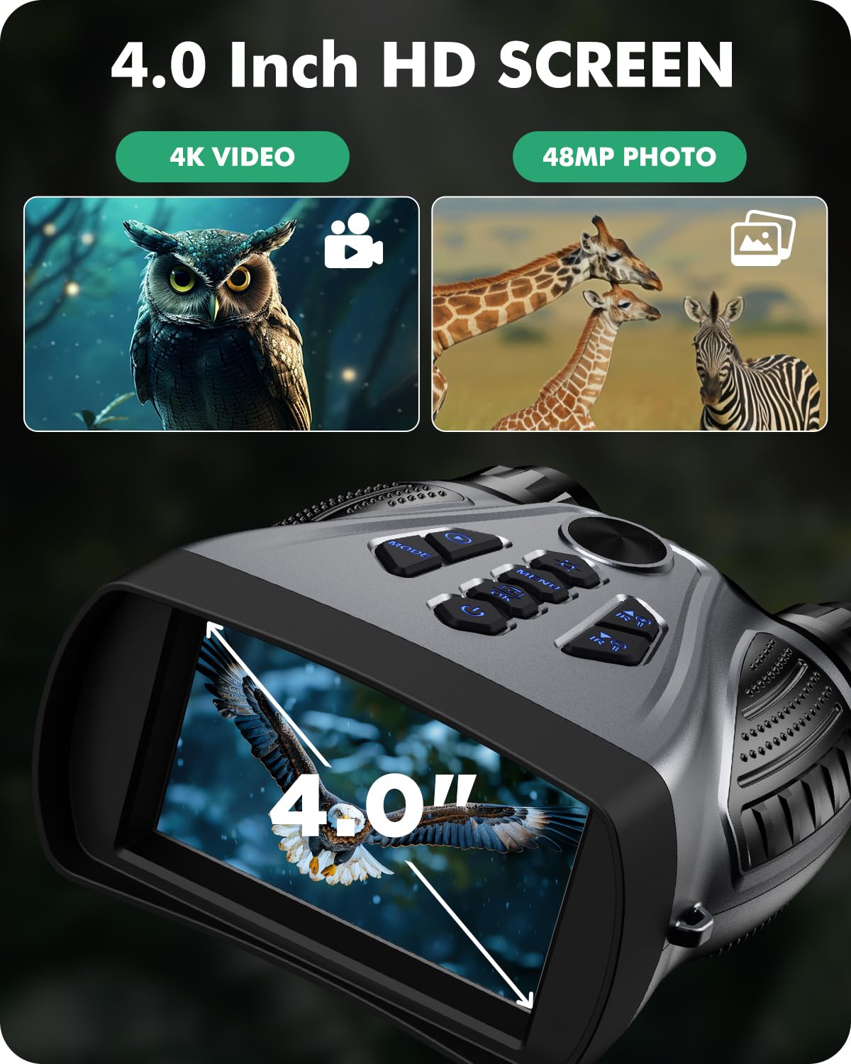 BUSHBINOC Night Vision Goggles, 4K Night Vision Binoculars, 4.0" HD Screen Binoculars, 10X Digital NightVision for Adults, 9 Gear Infrared, 4000mAh Battery Gray with 32GB TF Card