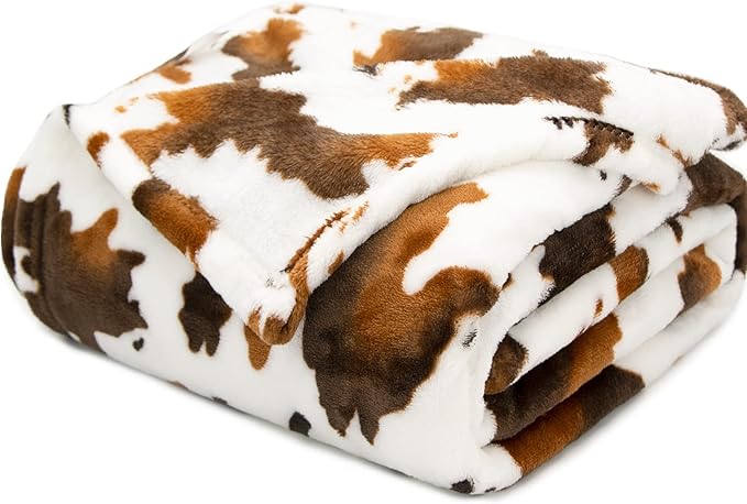 Cow Print Fleece Blanket - Brown White Plush Throw, Lightweight Bed Couch Decor, Cute Cow Gifts for Women, Girls, Teens 50"x60"