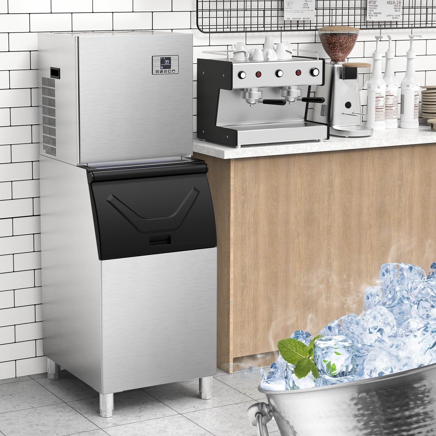 580 lbs/Day Commercial Ice Machine with 380 lbs Bin - Stainless Steel Industrial Commercial Ice Cube Maker w/Self-Cleaning & Timer for Bars, Restaurants